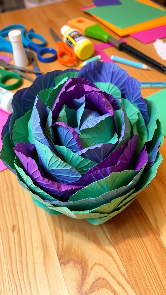 A vibrant 3D paper cabbage craft surrounded by scissors and glue on a wooden table.